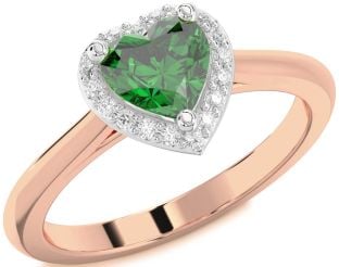 Diamond Emerald White Rose Gold Heart Halo Solitaire Engagement Ring