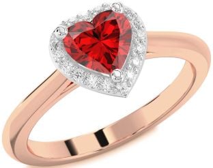 Diamond Ruby White Rose Gold Heart Halo Solitaire Engagement Ring