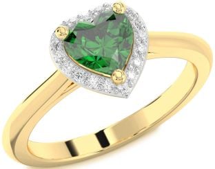 Diamond Emerald Gold Heart Halo Solitaire Engagement Ring