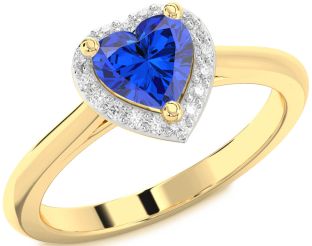 Diamond Blue Sapphire Gold Heart Halo Solitaire Engagement Ring