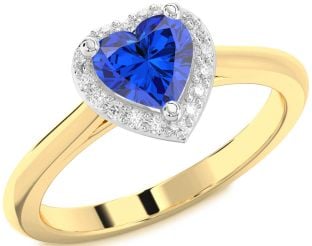 Diamond Blue Sapphire Gold Silver Heart Halo Engagement Ring