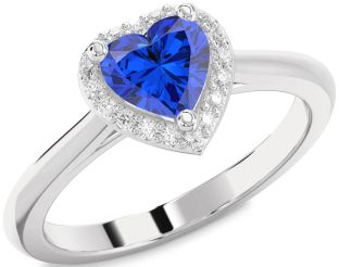 Diamond Blue Sapphire White Gold Heart Halo Solitaire Engagement Ring
