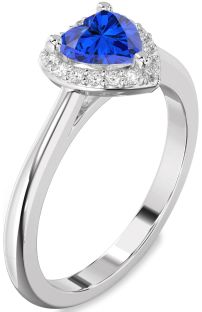 Diamond Blue Sapphire Platinum Heart Halo Engagement Ring