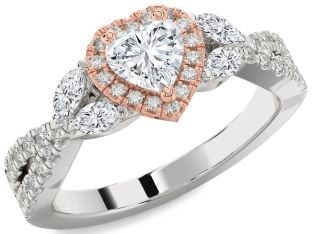Diamond Silver & 10K Rose Gold Heart Halo Solitaire Engagement Ring