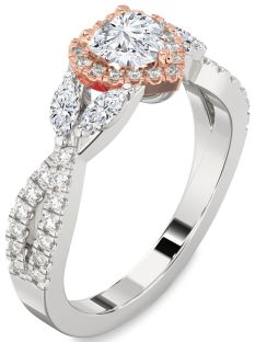 Diamond Silver & 10K Rose Gold Heart Halo Engagement Ring