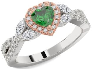 Diamond Emerald Platinum & Rose Gold Heart Halo Solitaire Engagement Ring