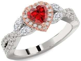Diamond Ruby Platinum & Rose Gold Heart Halo Solitaire Engagement Ring