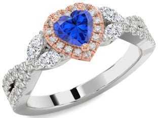 Diamond Blue Sapphire Platinum & Rose Gold Heart Halo Solitaire Engagement Ring