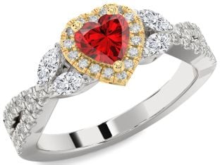 Diamond Ruby White Yellow Gold Heart Halo Solitaire Engagement Ring