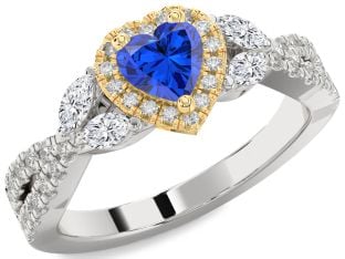 Diamond Blue Sapphire Platinum & Yellow Gold Heart Halo Solitaire Engagement Ring