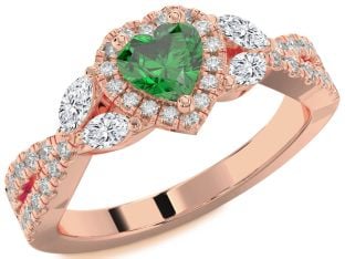 Diamond Emerald Rose Gold Heart Halo Solitaire Engagement Ring