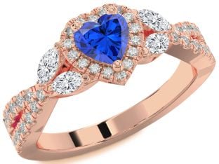 Diamond Blue Sapphire Rose Gold Heart Halo Solitaire Engagement Ring