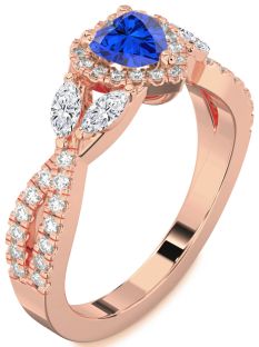 Diamond Blue Sapphire Rose Gold Silver Heart Halo Engagement Ring