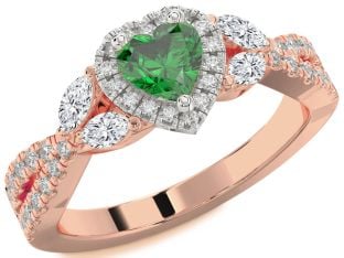 Diamond Emerald Platinum & Rose Gold Heart Halo Solitaire Engagement Ring