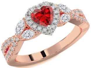 Diamond Ruby White Rose Gold Heart Halo Solitaire Engagement Ring