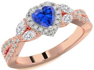 Diamond Blue Sapphire Platinum & Rose Gold Heart Halo Solitaire Engagement Ring