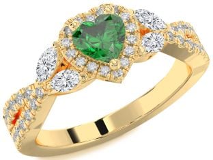 Diamond Emerald Gold Heart Halo Solitaire Engagement Ring