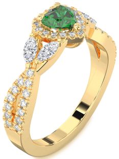 Diamond Emerald Gold Heart Halo Engagement Ring
