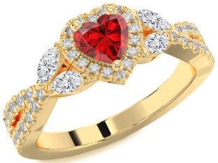 Diamond Ruby Gold Heart Halo Solitaire Engagement Ring