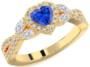 Diamond Blue Sapphire Gold Heart Halo Solitaire Engagement Ring
