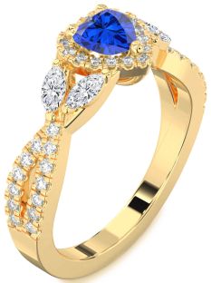 Diamond Blue Sapphire Gold Heart Halo Engagement Ring