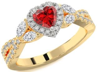 Diamond Ruby White Yellow Gold Heart Halo Solitaire Engagement Ring