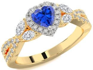 Diamond Blue Sapphire Platinum & Yellow Gold Heart Halo Solitaire Engagement Ring