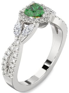 Diamond Emerald White Gold Heart Halo Engagement Ring