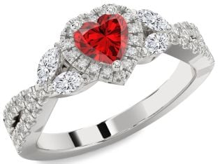 Diamond Ruby Platinum Heart Halo Solitaire Engagement Ring