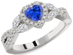 Diamond Blue Sapphire Platinum Heart Halo Solitaire Engagement Ring