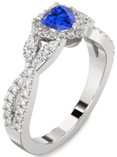 Diamond Blue Sapphire Platinum Heart Halo Engagement Ring