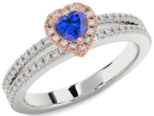 Diamond Blue Sapphire Platinum & Rose Gold Heart Pave Promise Ring