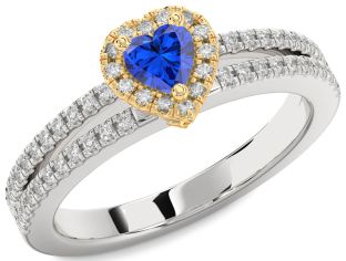 Diamond Blue Sapphire Platinum & Yellow Gold Heart Pave Promise Ring