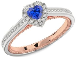 Diamond Blue Sapphire Platinum & Rose Gold Heart Pave Promise Ring