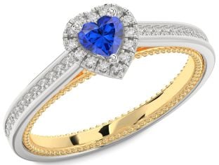 Diamond Blue Sapphire Platinum & Yellow Gold Heart Pave Promise Ring