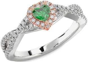 Diamond Emerald White Rose Gold Heart Knot Promise Ring