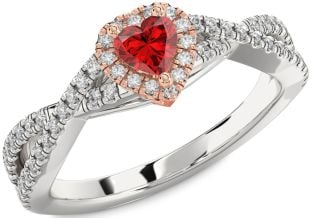 Diamond Ruby Platinum & Rose Gold Heart Knot Promise Ring