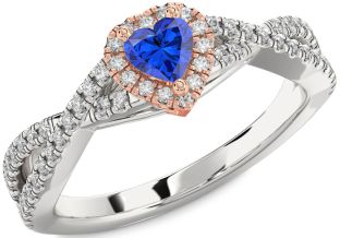 Diamond Blue Sapphire Platinum & Rose Gold Heart Pave Promise Ring