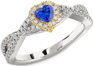 Diamond Blue Sapphire Platinum & Yellow Gold Heart Pave Promise Ring