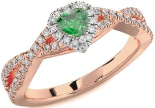 Diamond Emerald Platinum & Rose Gold Heart Knot Promise Ring