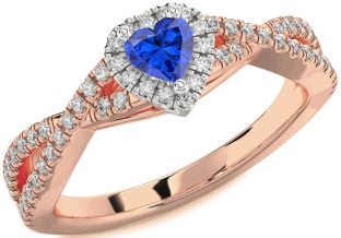 Diamond Blue Sapphire White Rose Gold Heart Pave Promise Ring