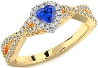 Diamond Blue Sapphire Platinum & Yellow Gold Heart Pave Promise Ring