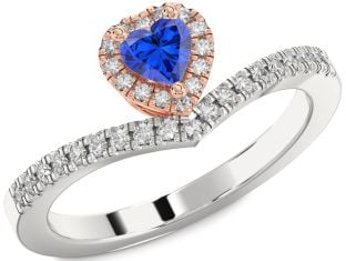 Diamond Blue Sapphire Platinum & Rose Gold Heart Promise Ring