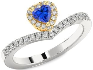 Diamond Blue Sapphire Platinum & Yellow Gold Heart Promise Ring