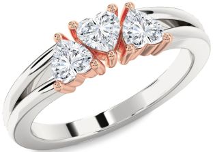 Diamond Silver & 10K Rose Gold Heart Three Stone Ring