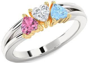 White Yellow Gold Heart Three Stone Mother's Ring