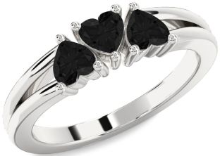 Black Diamond Silver Heart Three Stone Ring