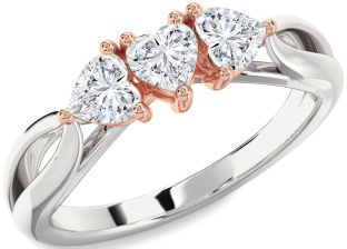 Diamond Silver & 10K Rose Gold Heart Three Stone Ring