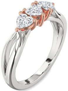 Diamond Silver & 10K Rose Gold Heart Three Stone Ring