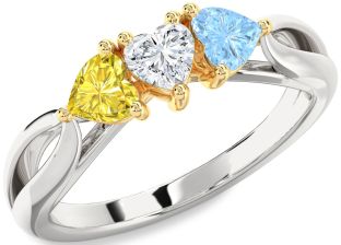White Yellow Gold Heart Three Stone Mother's Ring